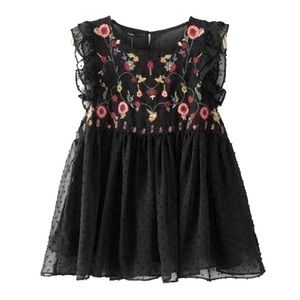Floral Embroidery Pleated Hem Ruffle Trim Top